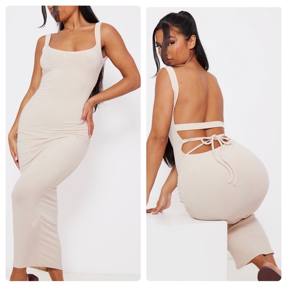 New Pretty Little Thing Nude Stone Rib Lace Back Scoop Neck Maxi Dress - Picture 1 of 5